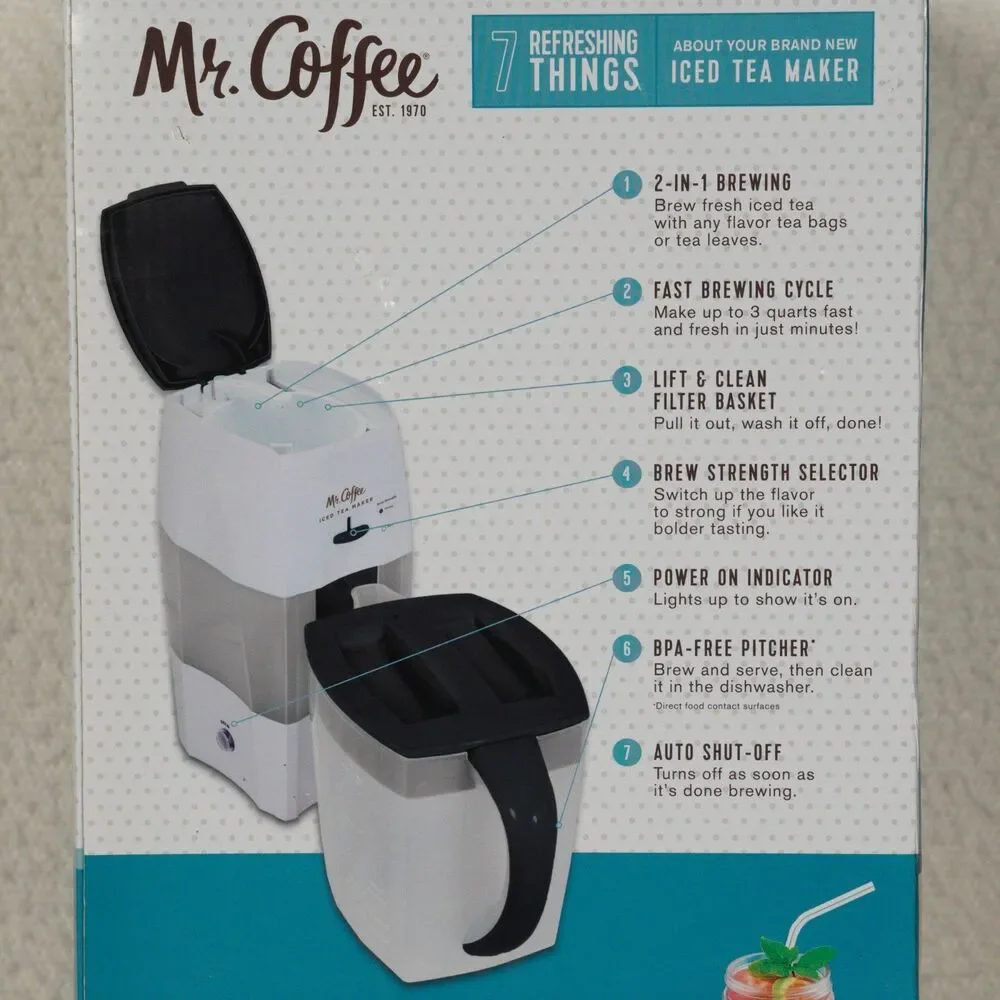 Mr. Coffee Iced Tea Maker 3 Quart Black Model TM75BK Brew Tea Bags or Tea Leaves